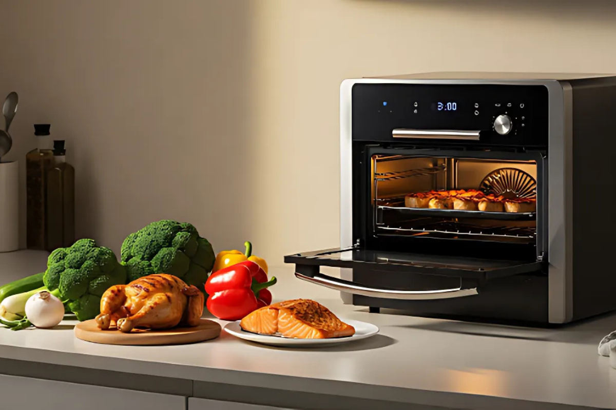 A clean, modern kitchen countertop with a high-tech oven (air fryer or steam oven style) in the center. Fresh vegetables, grilled chicken, and baked salmon placed beside the oven to show healthy cooking. Warm lighting with a natural look, minimalistic style, and a focus on health-conscious cooking.