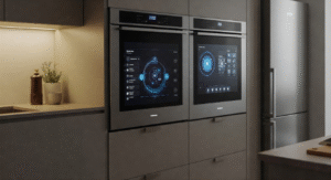 modern kitchen with a futuristic oven featuring AI-powered cooking and a sleek touchscreen interface. The scene should feel high-tech and inviting, with warm lighting and a focus on innovation and energy efficiency.
